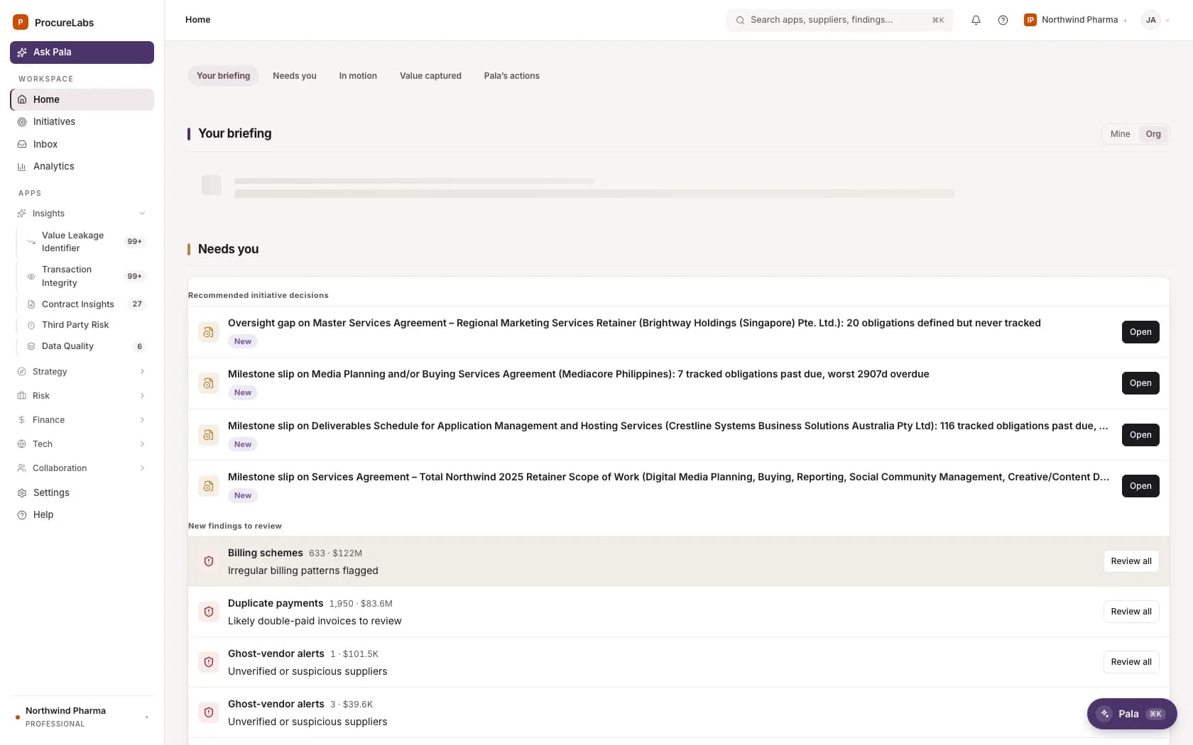 ProcureLabs procurement intelligence platform showing spend analytics, supplier risk, and AI-driven procurement insights